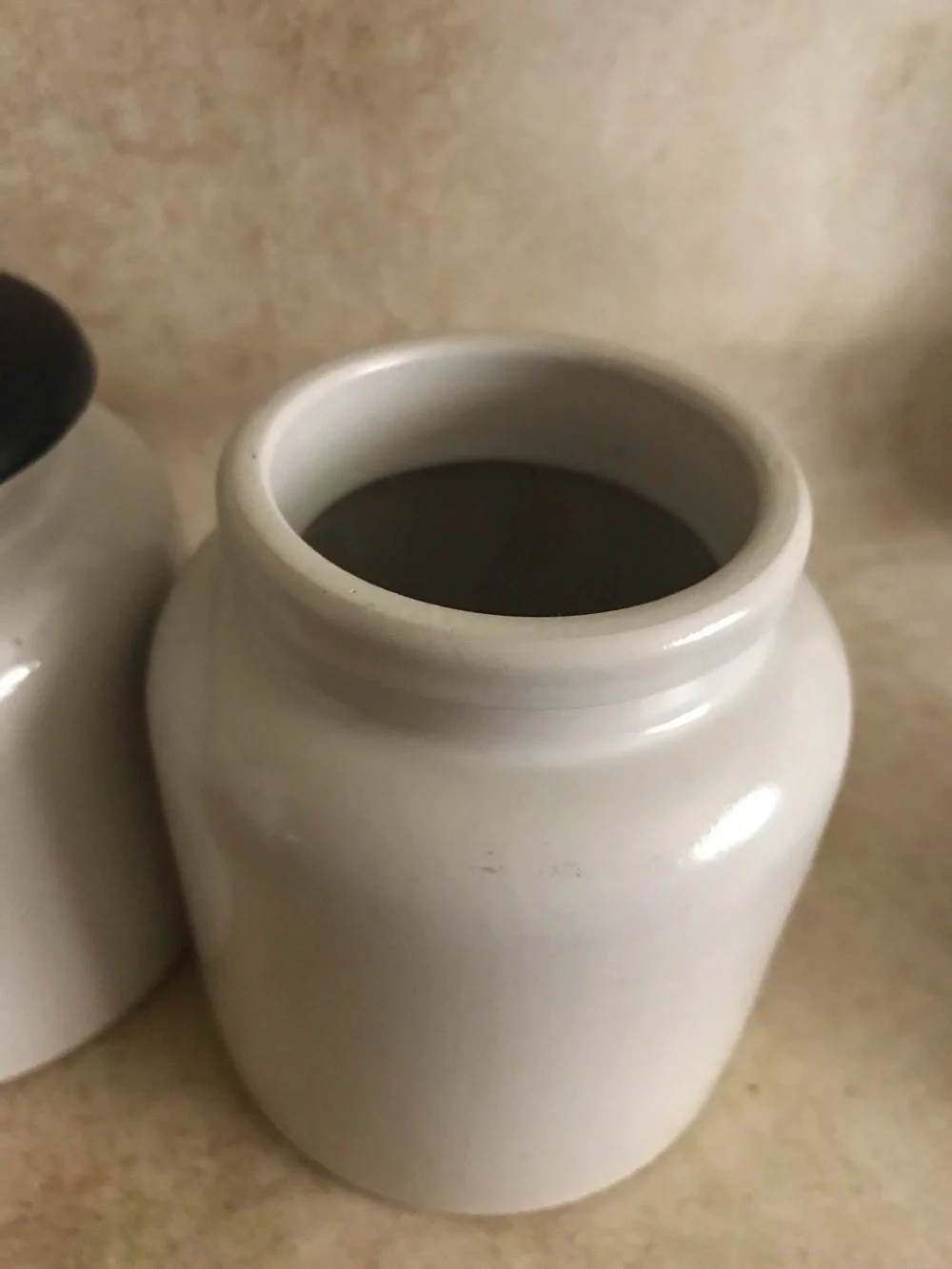 French White Stoneware Kitchen Canister with Black Lid - Set of 2